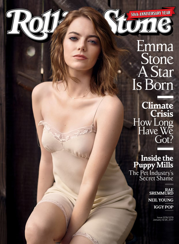 The 50th Anniversary issue of Rolling Stone magazine, featuring Emma Stone.